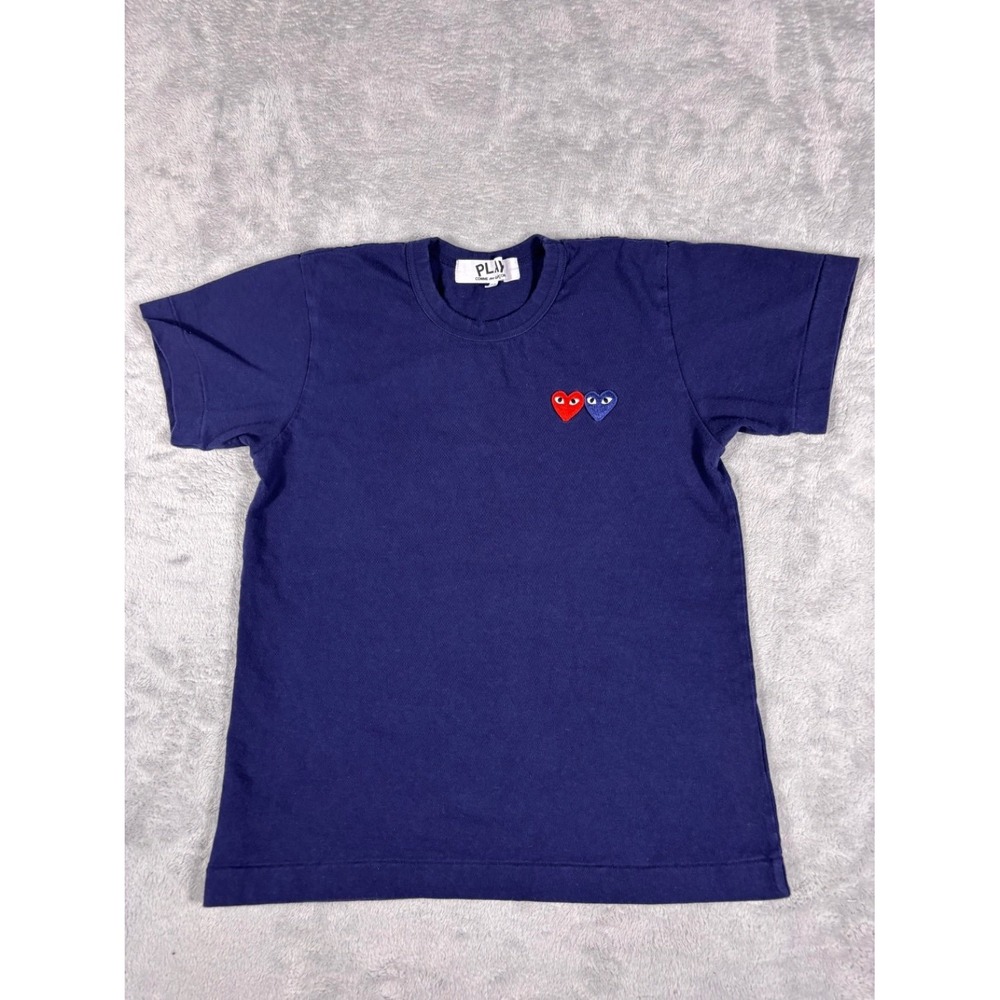 Comme Des Garcons Play Double Heart T Shirt M Navy Blue Embroidered Logo